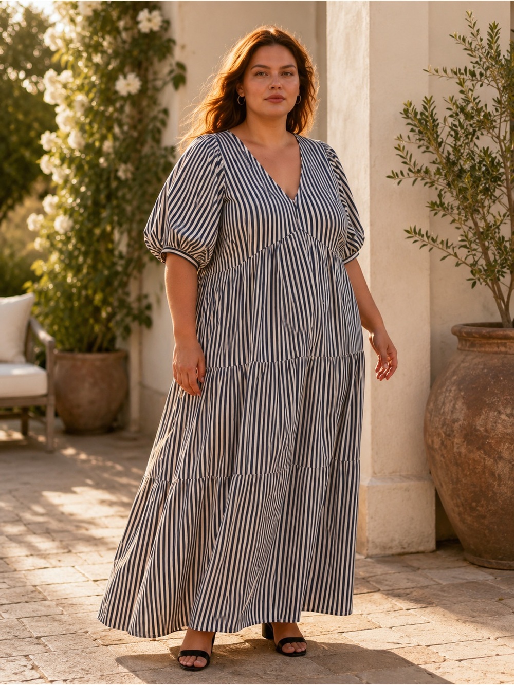 Frame Denim Navy & White Striped V-Neck Maxi Dress